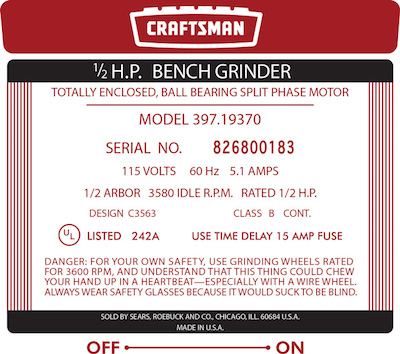 Craftsman 397.19370 bench grinder decal