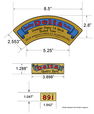 Actual dimensions of various decals used on the 890 band saw and open stand