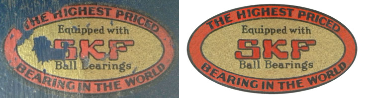 This is a restored image of an original SKF Bearing decal from a Craftsman band saw (102.01121) manufactured by Walker-Turner. Submitted by Maury Hurt (maurywhurt)