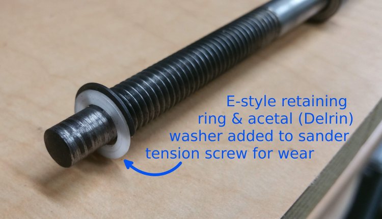 Tension screw modified to accept an E-style retaining ring & acetal (Delrin) washer to prevent wear of threads on inside of casting