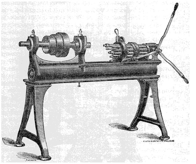 The Fitch lathe, 1845. From 'Report on the Manufactures of Interchangeable Mechanism', 1883     