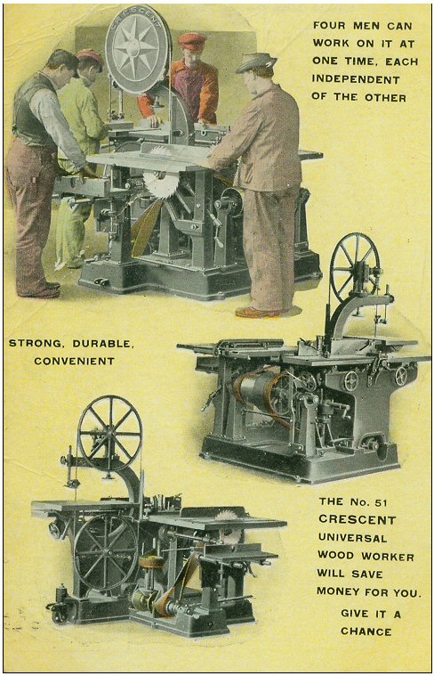 Figure 17. Postcard postmarked December 1912 advertising the new Crescent No. 51 Universal Woodworker. Reverse of the card reads: 