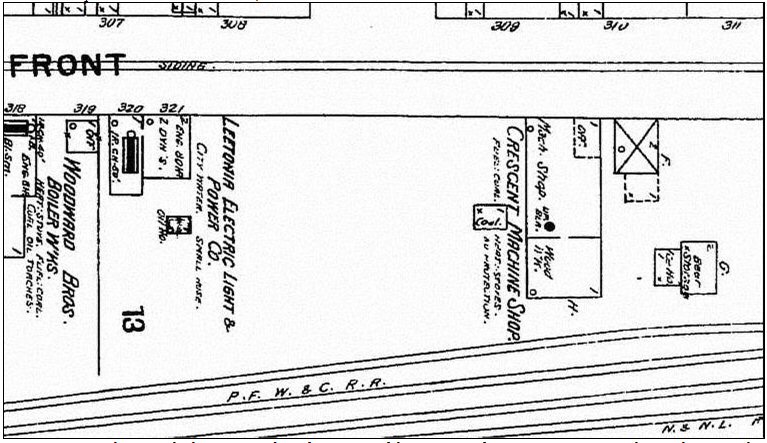 Figure 8. A map showing the location and configuration of the Crescent factory in 1898. Note that at the time, the Crescent factory consisted of only a single building located on Front Street.