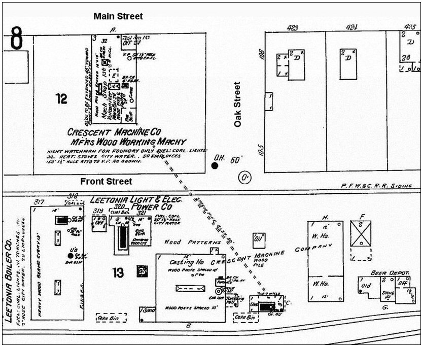 Figure 9. Map showing the layout of the Crescent factory after the 1901 additions. Note that in addition to the original building on Front Street, the Crescent factory had been expanded to include a foundry next door to the original building as well as a machine shop located between Main and Front Streets.
