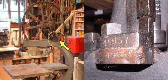 Serial numbers are often found on the front side of the upper arm of the saw stamped onto upper wheel adjustment device.