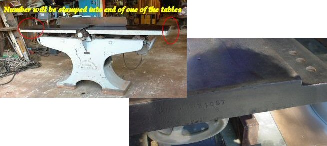 On jointers, the serial number is typically stamped onto the end of either the in-feed or out-feed table. 