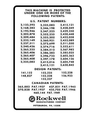 Rockwell/Delta Patent Number Decal from 37-220 6