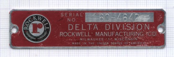 1947 Delta Unisaw Serial Number Plate
