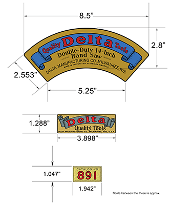 Actual dimensions of various decals used on the 890 band saw - Submitted by Thomas Scheuzger