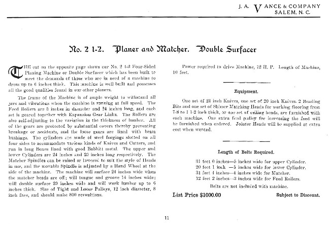  Vance No. 2 ½ Planer/Matcher catalog description 