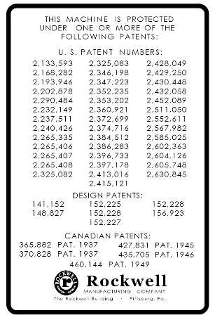 Rockwell/Delta Patent Number Decal from 37-220 6