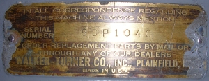 Early Type 1 serial number tag. DP900 serial 9DP1040, contributed by Dan Hoenish.